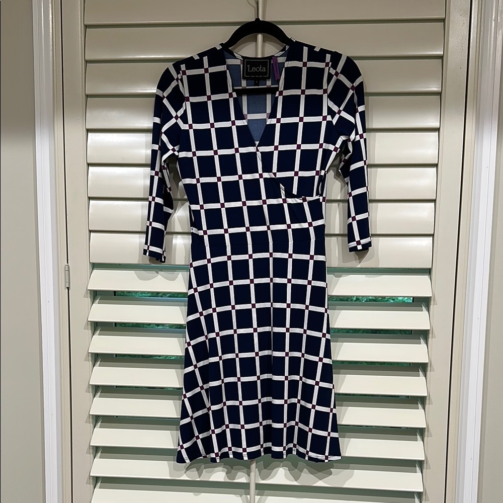 Leota Blue Faux Wrap Dress with White and Magenta Pattern. Size S